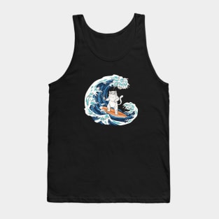 cat surfing, cat surfing, surfs up cat, cat on surfboard, cat riding waves, Tank Top